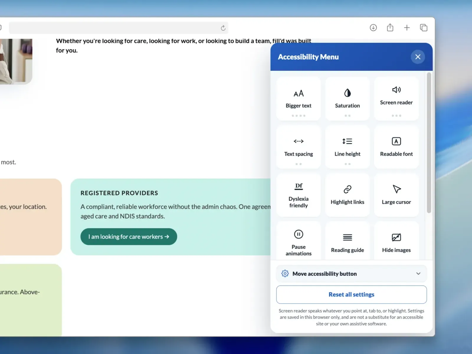 The fill'd accessibility menu open over the site: a grid of twelve controls including bigger text, saturation, screen reader, text spacing, line height, readable font, dyslexia friendly, highlight links, large cursor, pause animations, reading guide and hide images