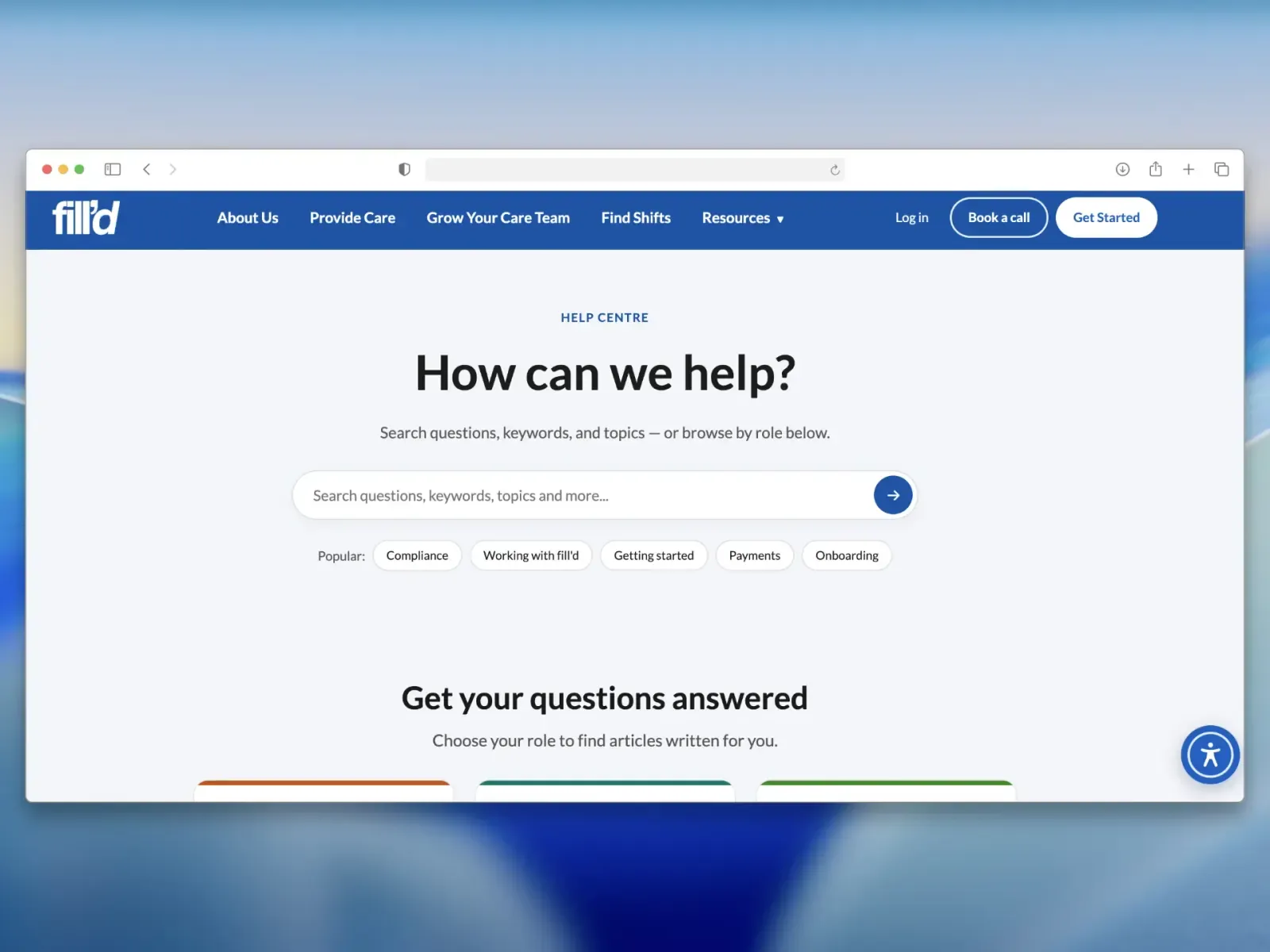 The fill'd help centre: “How can we help?” above a search field, popular topic chips for compliance, working with fill'd, getting started, payments and onboarding, and a row of role cards below
