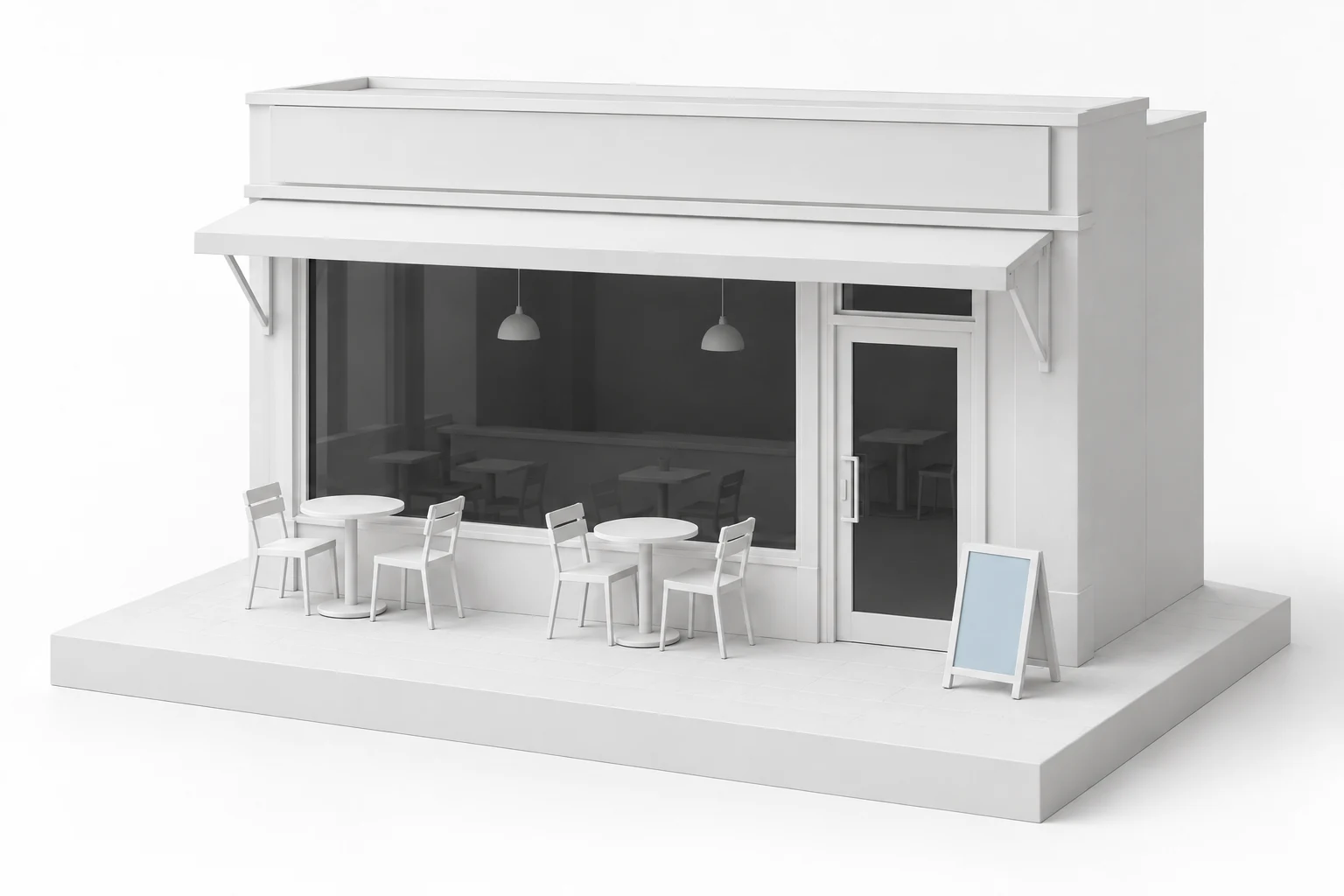 White scale model of a small cafe shopfront on a plinth, with pavement tables and a pale blue A-frame menu board beside the door.