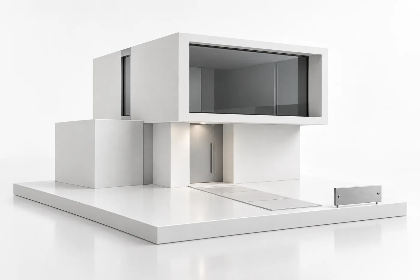 Minimal white house model on a raised platform, with dark glass windows, a silver address plaque and a path to the front door.