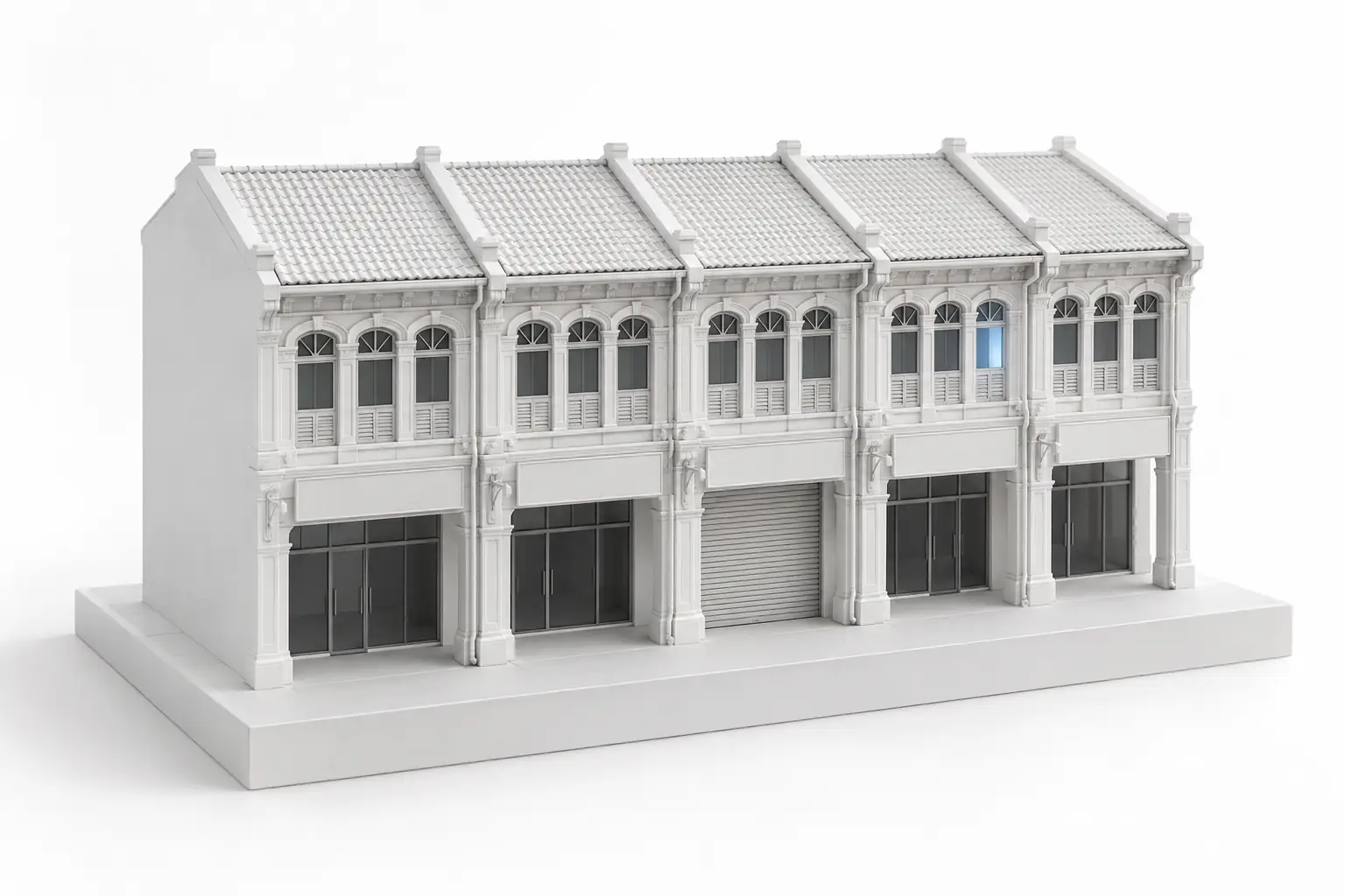 White scale model of a row of five Singapore shophouses on a plinth, with the middle shop's roller shutter pulled down.