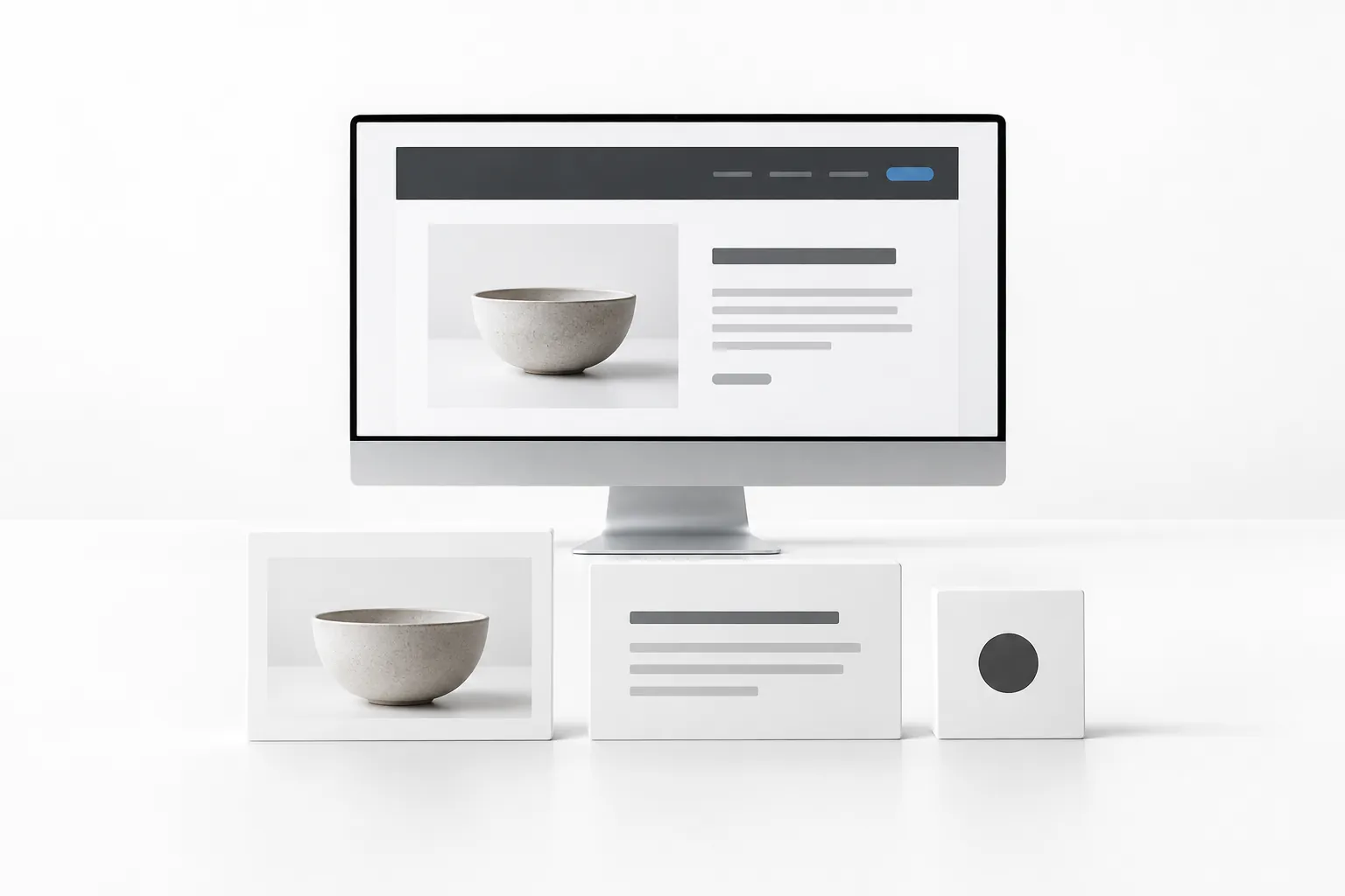 A silver monitor showing a simple website, with separate photo and text cards arranged in front.