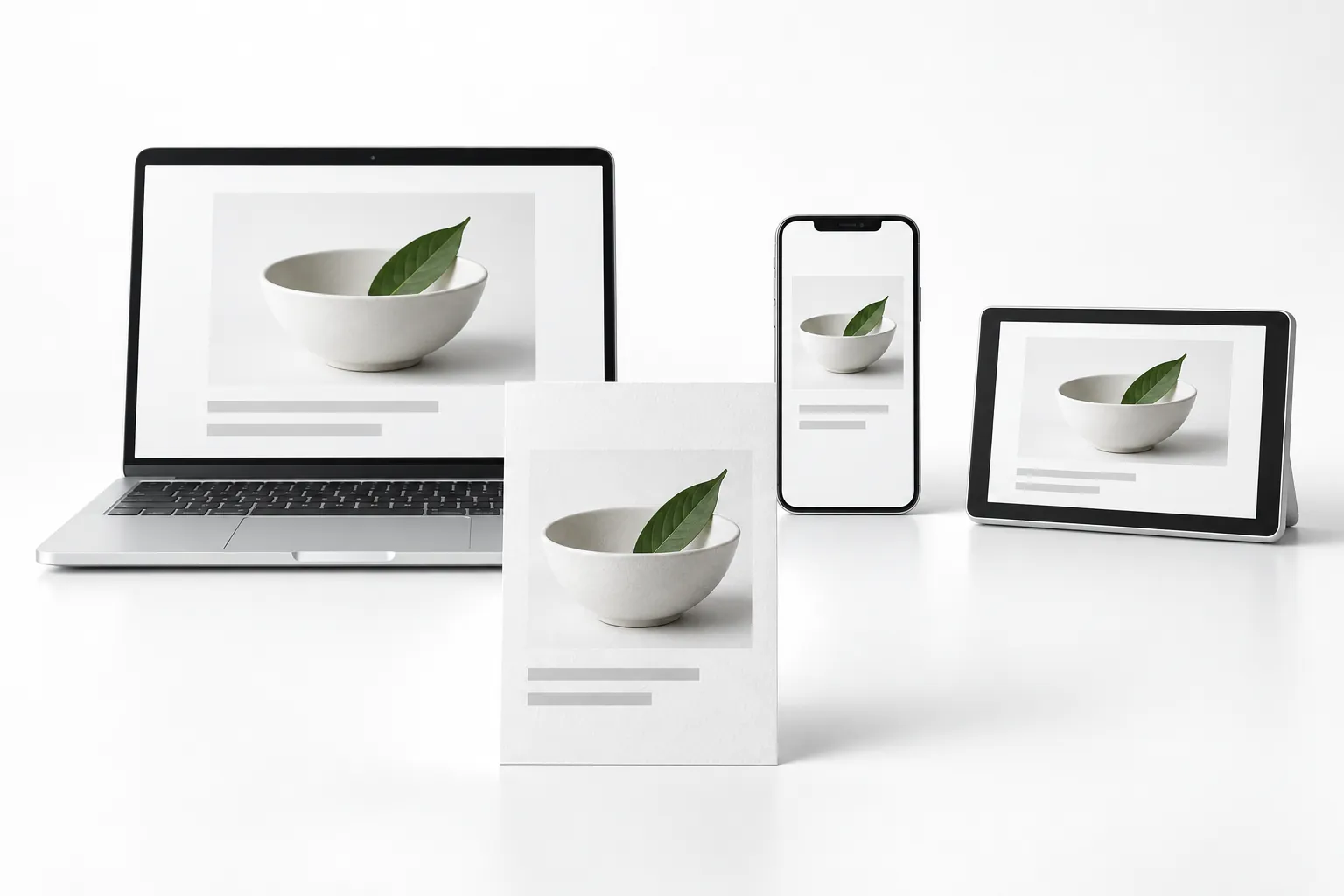 A content card, laptop, phone and small display showing the same bowl photograph and description.